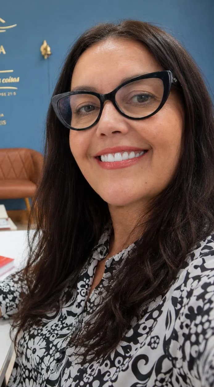Shirley Ribeiro no escritório, sorrindo